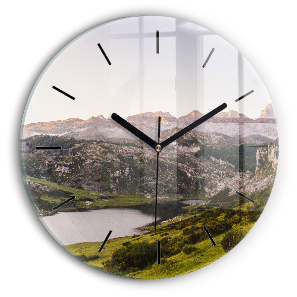 Round glass clock Lake and Pyrenees Mountains