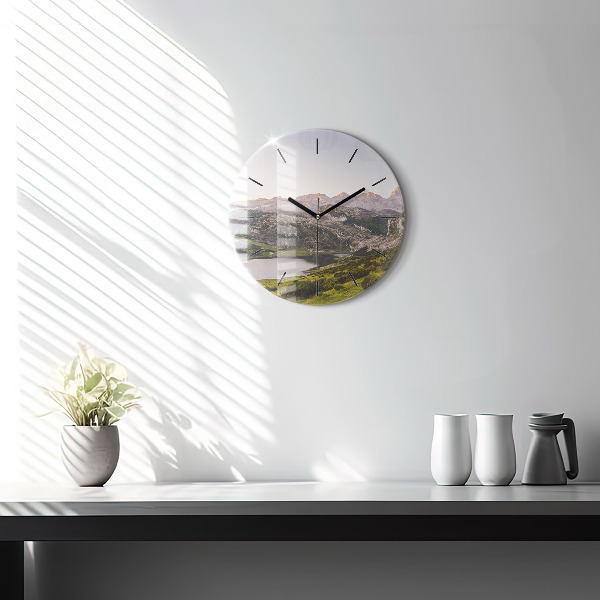 Round glass clock Lake and Pyrenees Mountains