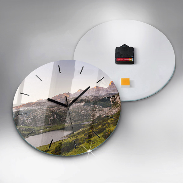 Round glass clock Lake and Pyrenees Mountains