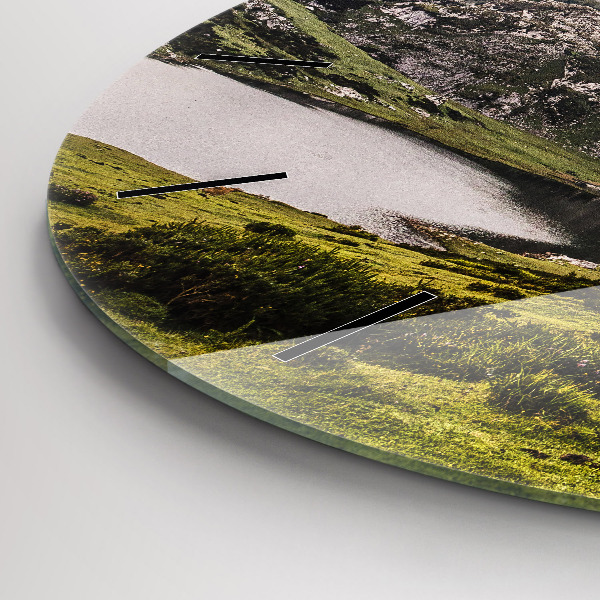 Round glass clock Lake and Pyrenees Mountains