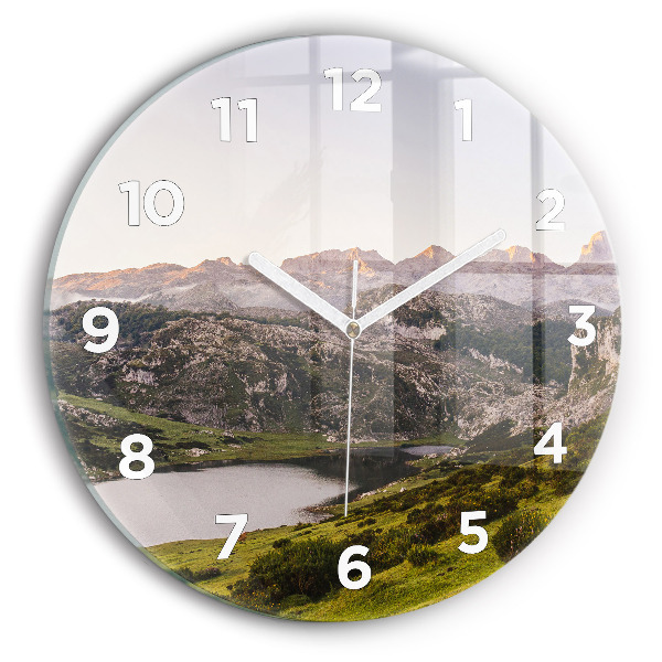 Round glass clock Lake and Pyrenees Mountains
