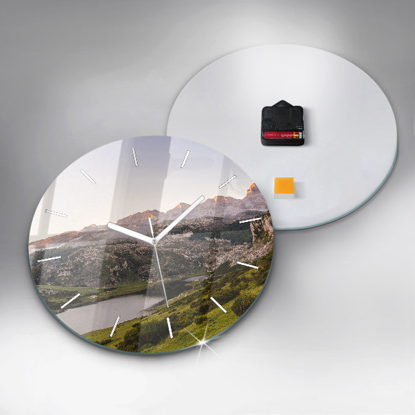 Round glass clock Lake and Pyrenees Mountains
