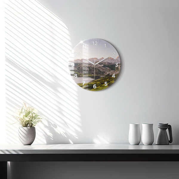 Round glass clock Lake and Pyrenees Mountains
