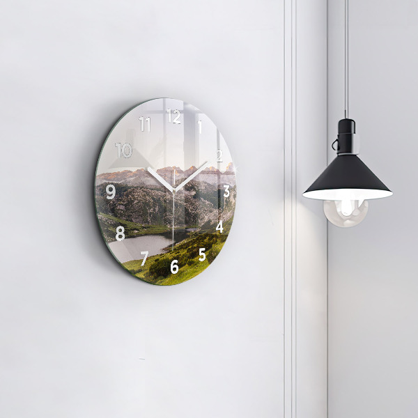 Round glass clock Lake and Pyrenees Mountains