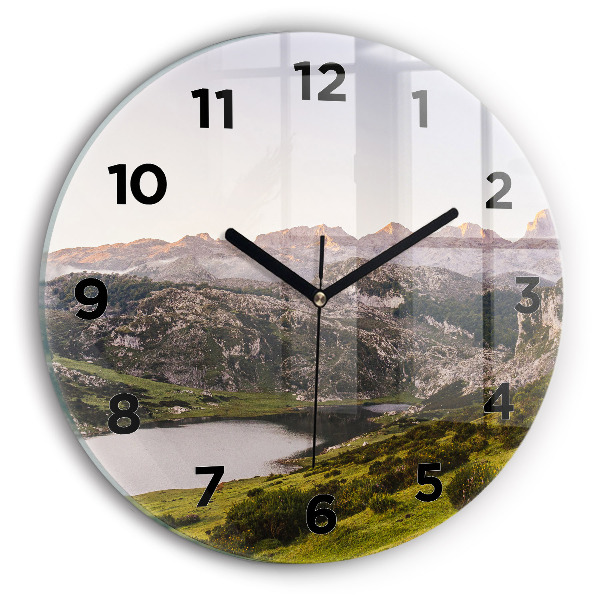 Round glass clock Lake and Pyrenees Mountains