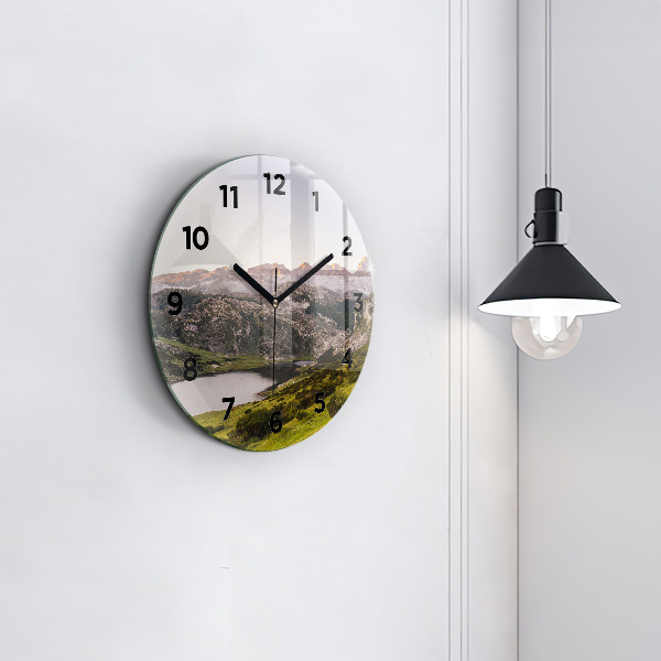 Round glass clock Lake and Pyrenees Mountains