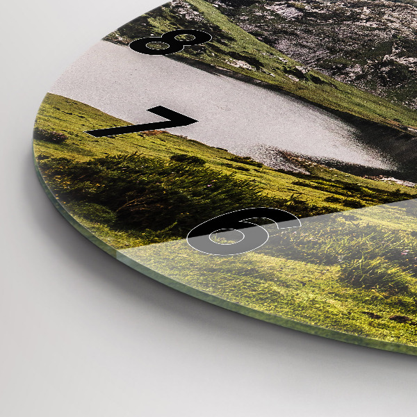 Round glass clock Lake and Pyrenees Mountains