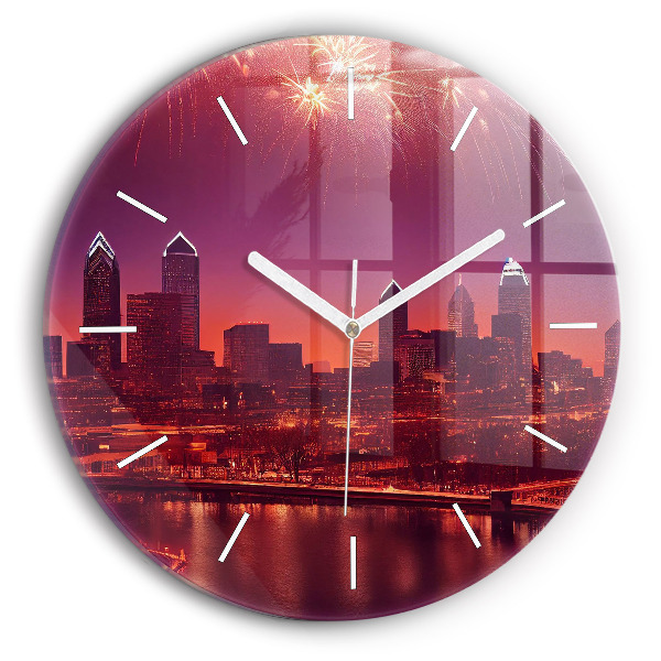 Round glass clock Philadelphia City at Night
