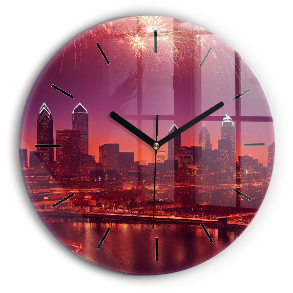Round glass clock Philadelphia City at Night