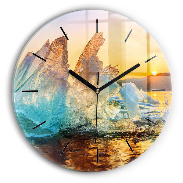Round glass clock Iceberg and sunrise