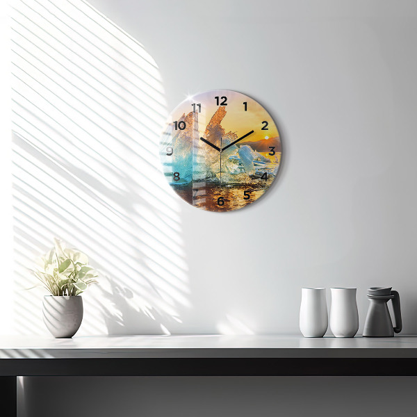 Round glass clock Iceberg and sunrise