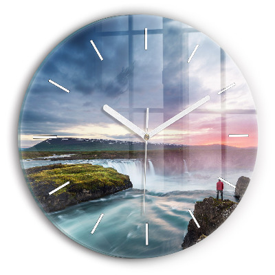 Round glass clock Landscape with a waterfall