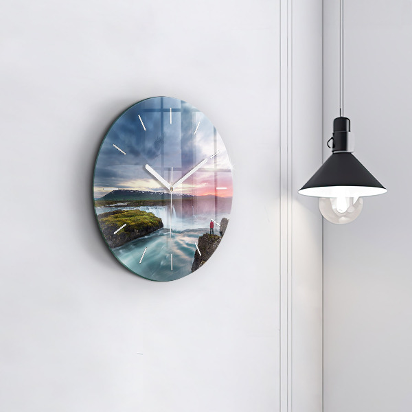 Round glass clock Landscape with a waterfall