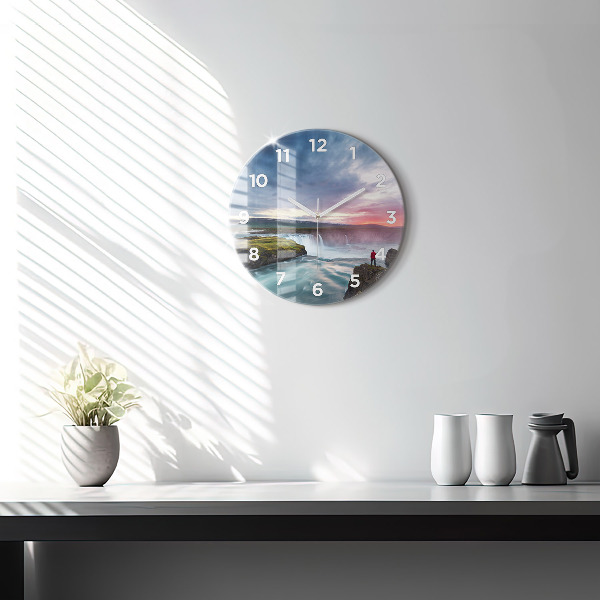 Round glass clock Landscape with a waterfall