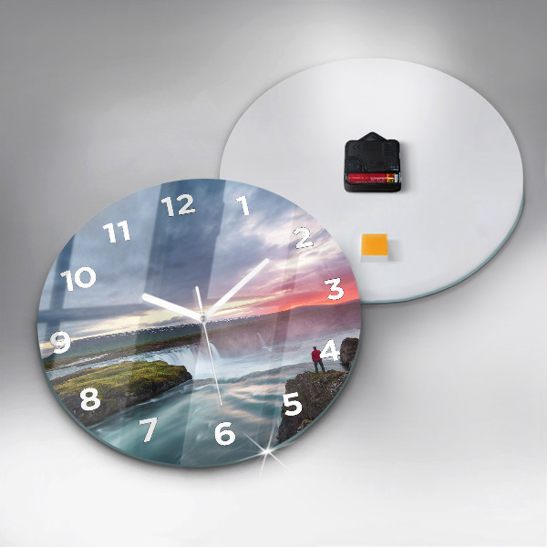Round glass clock Landscape with a waterfall