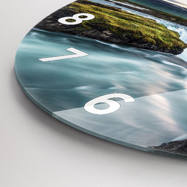 Round glass clock Landscape with a waterfall