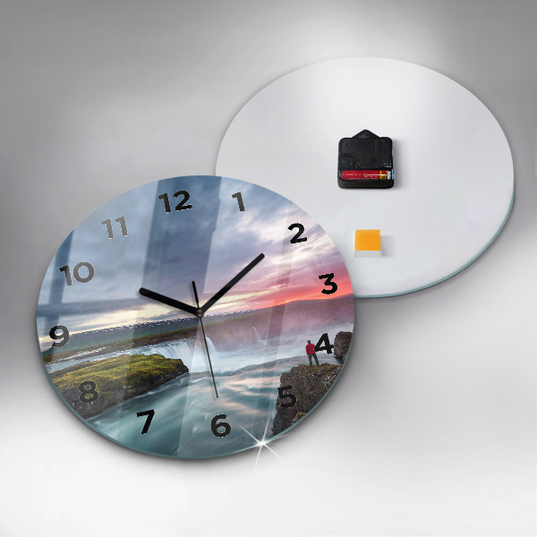Round glass clock Landscape with a waterfall