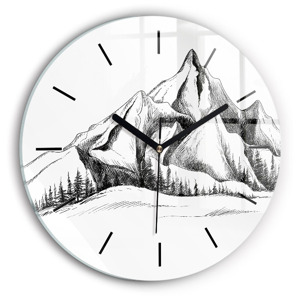 Round glass clock Drawn mountains