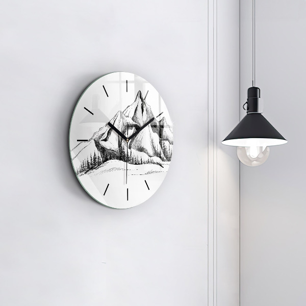 Round glass clock Drawn mountains