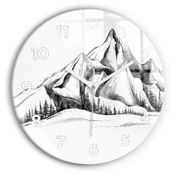 Round glass clock Drawn mountains