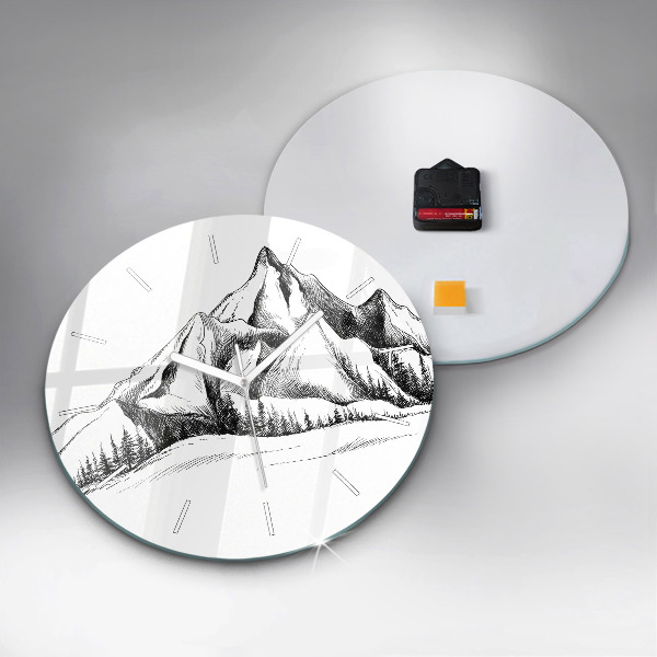 Round glass clock Drawn mountains