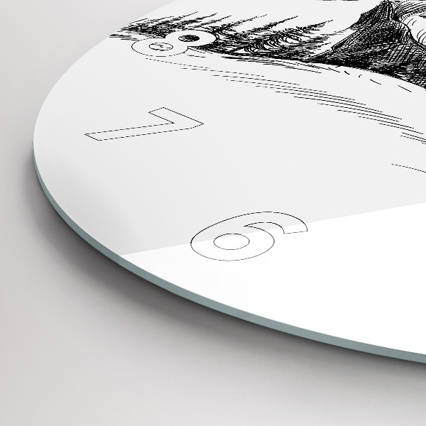 Round glass clock Drawn mountains