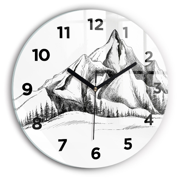 Round glass clock Drawn mountains