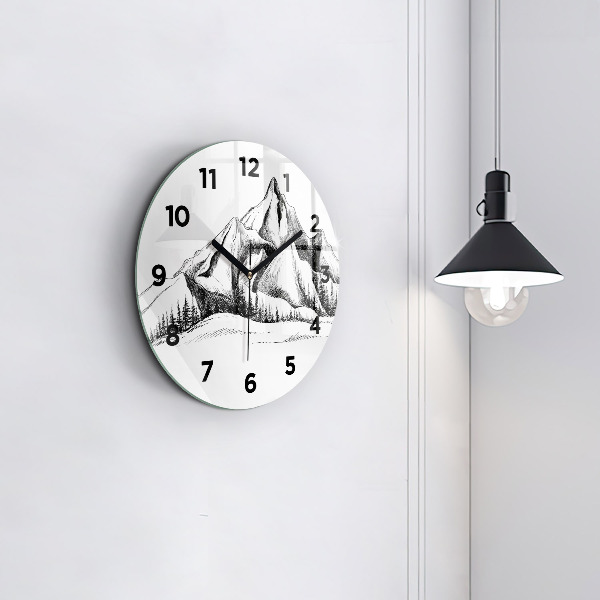 Round glass clock Drawn mountains