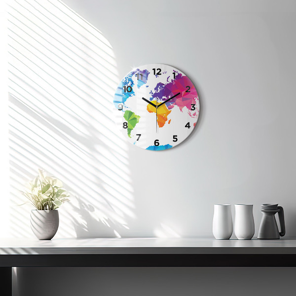 Round glass clock Abstract world map