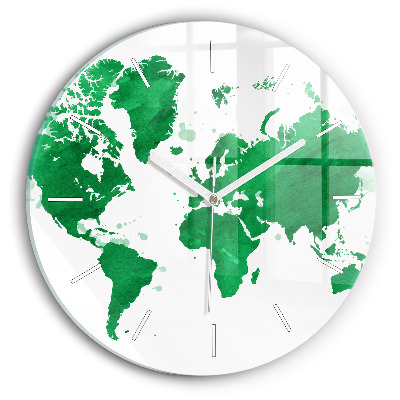Round glass clock Green world map