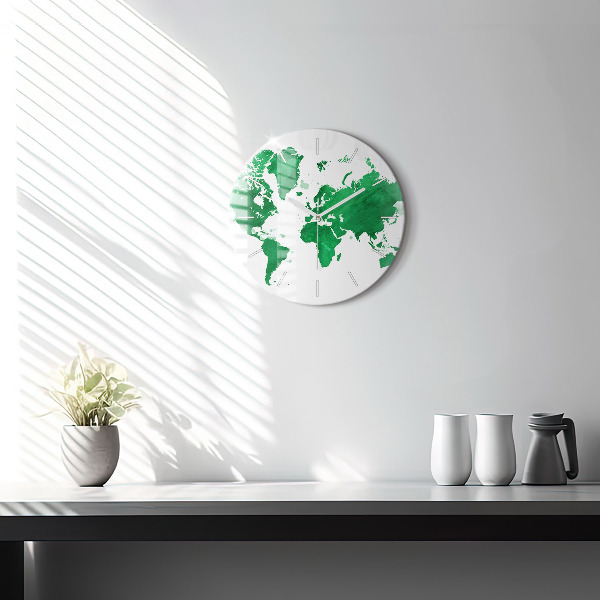 Round glass clock Green world map