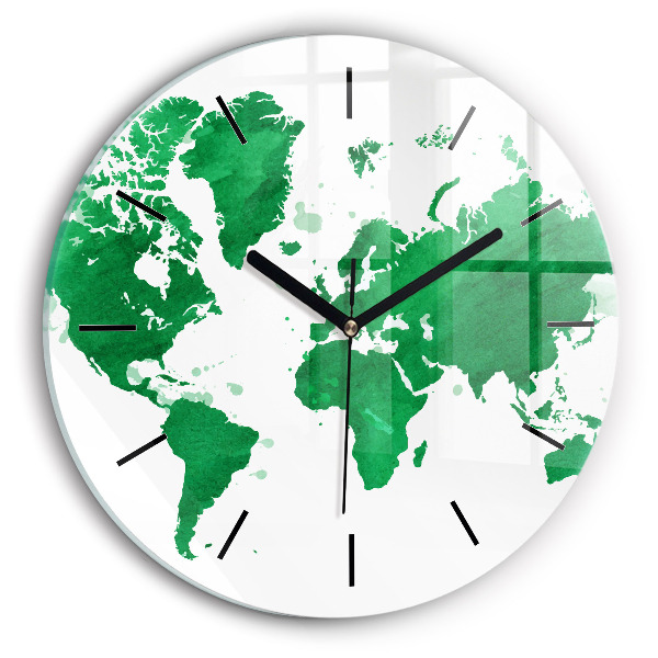 Round glass clock Green world map