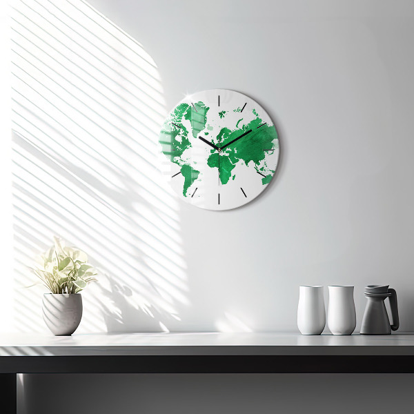 Round glass clock Green world map