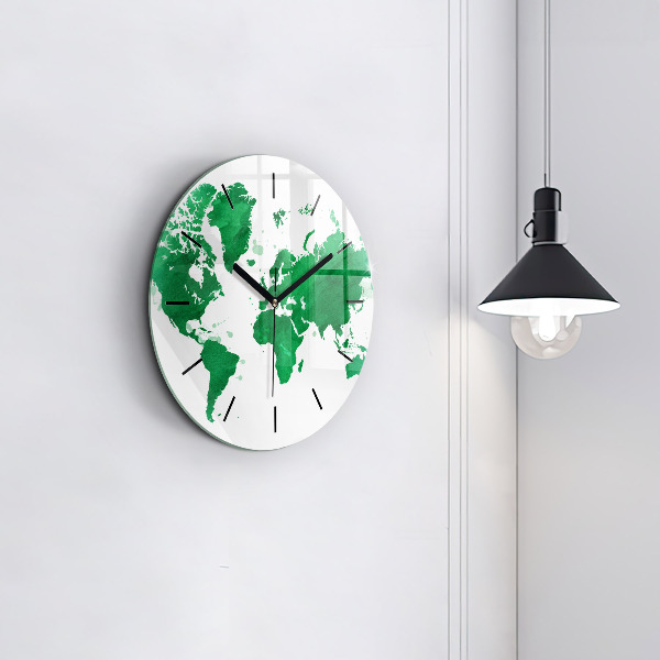 Round glass clock Green world map