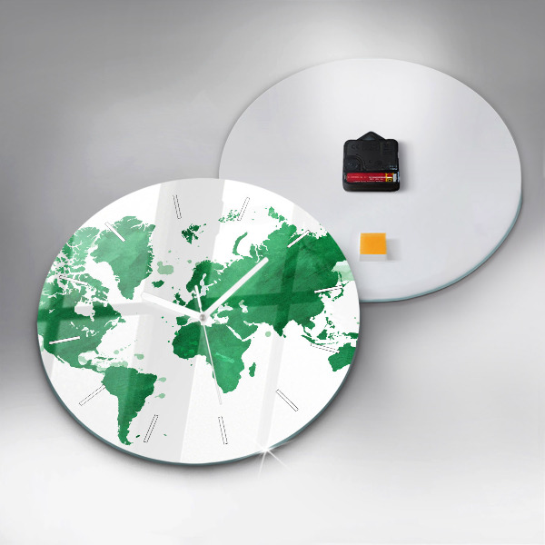 Round glass clock Green world map
