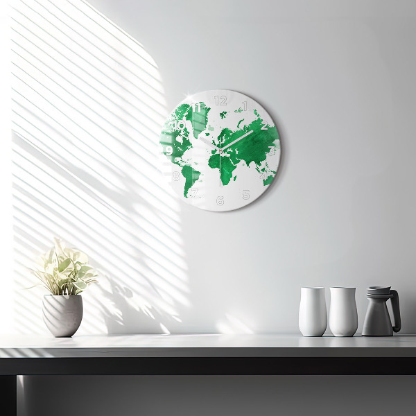 Round glass clock Green world map