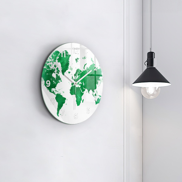 Round glass clock Green world map