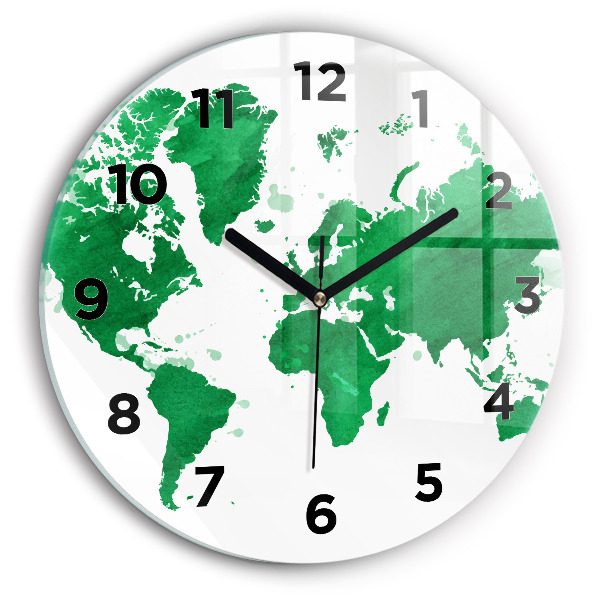 Round glass clock Green world map