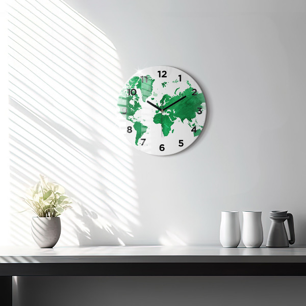 Round glass clock Green world map