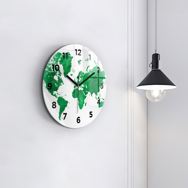Round glass clock Green world map