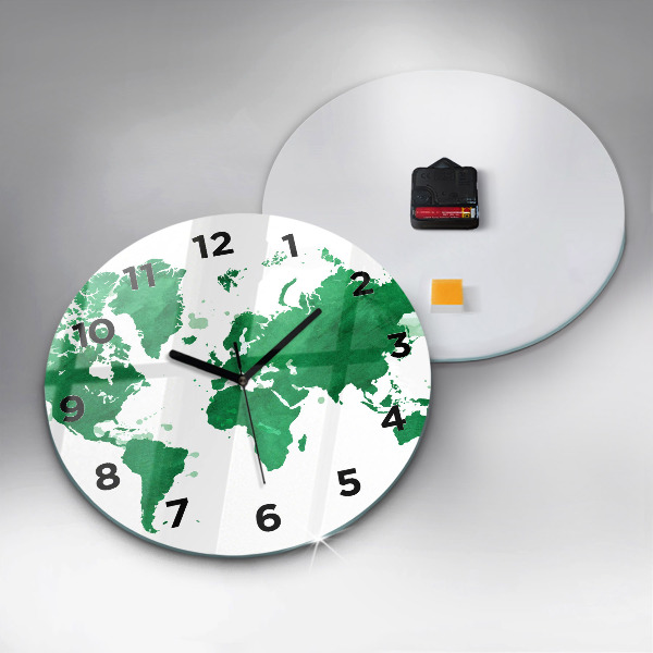 Round glass clock Green world map
