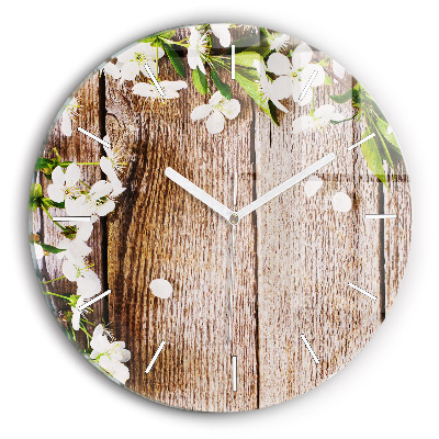 Round glass clock Flowers on wood