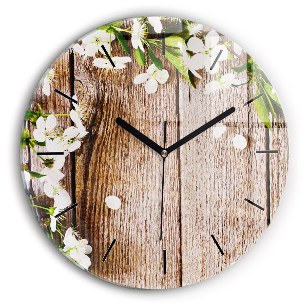 Round glass clock Flowers on wood