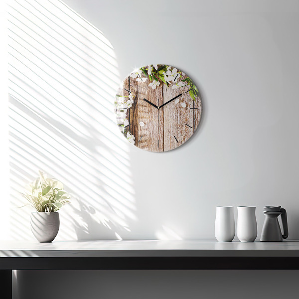 Round glass clock Flowers on wood