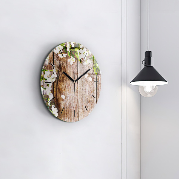 Round glass clock Flowers on wood