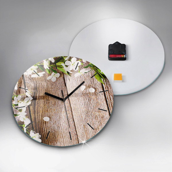 Round glass clock Flowers on wood