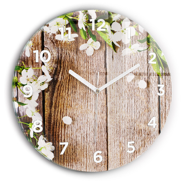 Round glass clock Flowers on wood
