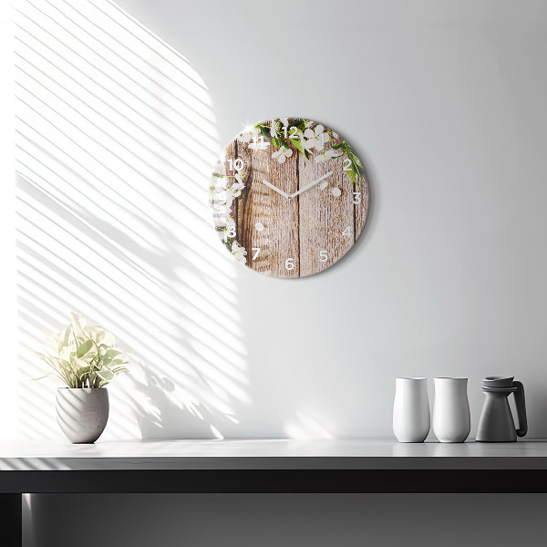 Round glass clock Flowers on wood