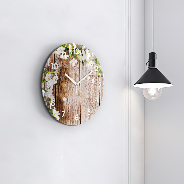 Round glass clock Flowers on wood