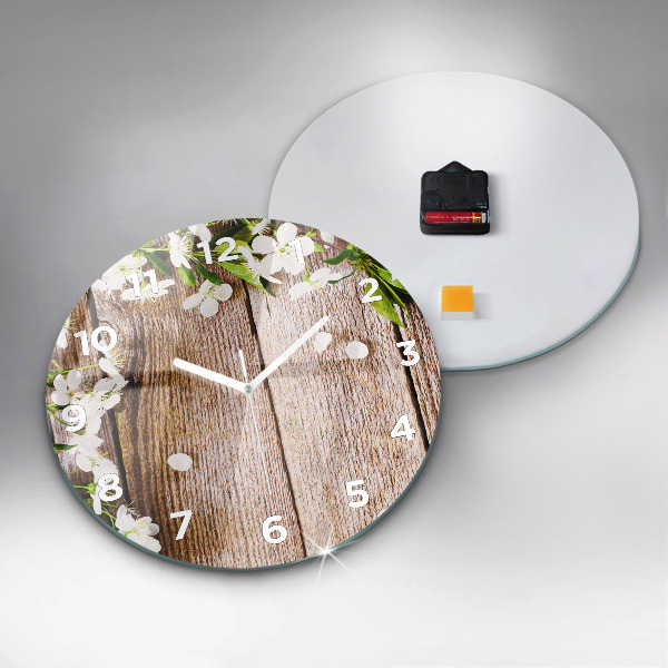 Round glass clock Flowers on wood